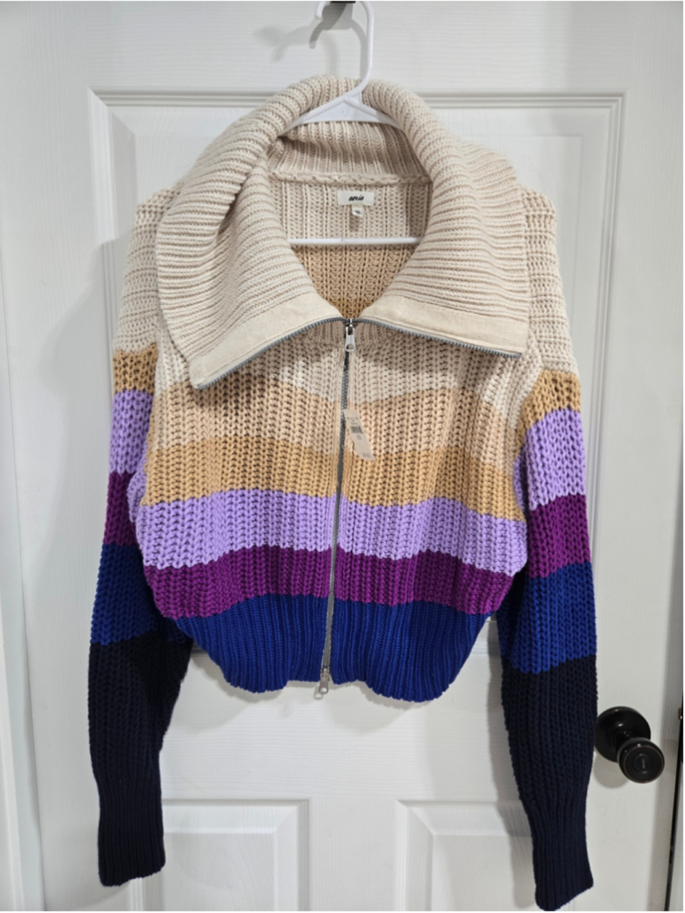 Aerie Striped Zip-Up Sweater, Size M, Beige and Purple